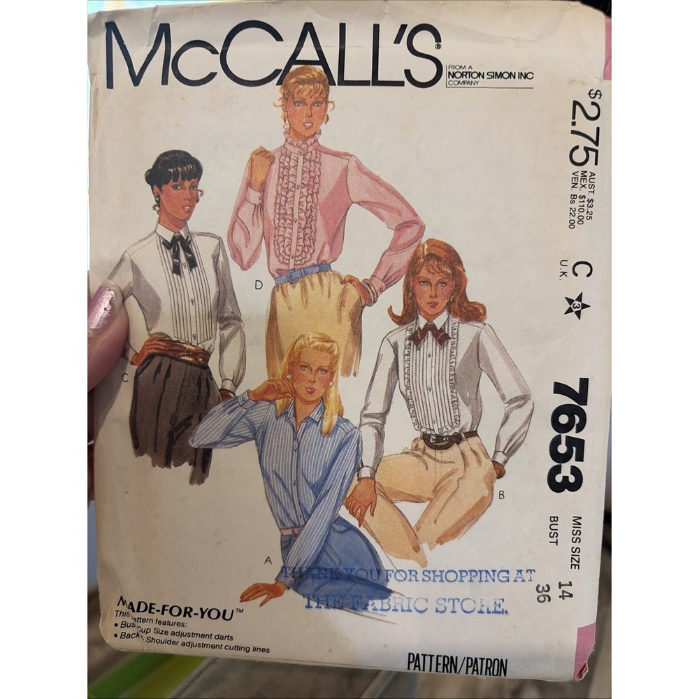 McCalls 7653 Sewing Pattern Size 14 Vintage 1981 Blouse Ruffle Tucked Shirt UC